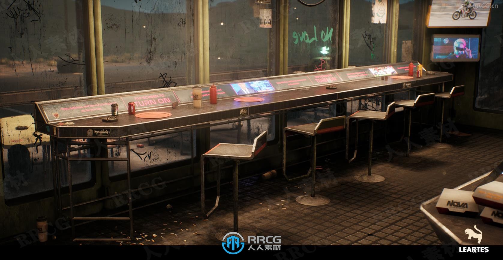 赛博朋克废弃餐厅酒吧环境场景UE游戏素材