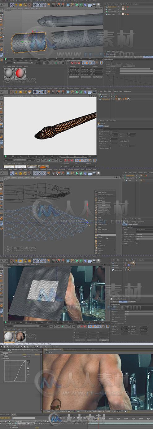 C4D三维纹身特效制作视频教程 Cinema 4D Tutorial.Net 3D Tattoo Transformation