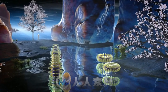 唯美月色3D视觉效果月亮湖水水上植物led大屏幕背景视频素材
