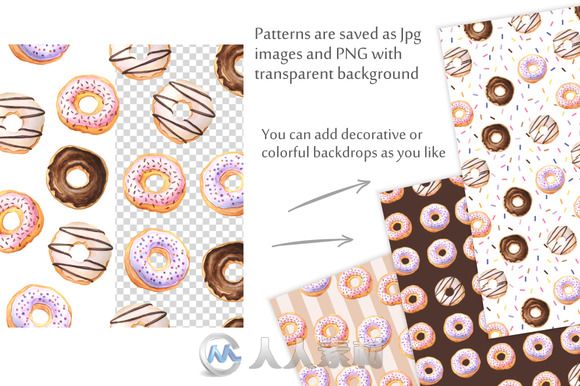 水彩画风格甜甜圈和糖纸平面素材合辑Watercolor Donuts PatternsGraphics