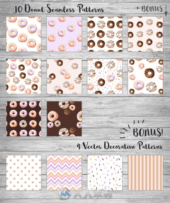 水彩画风格甜甜圈和糖纸平面素材合辑Watercolor Donuts PatternsGraphics