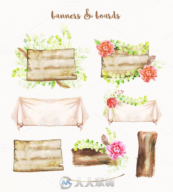 波西米亚系列水彩花和图案平面素材合辑Watercolor Boho Set &amp; Patterns