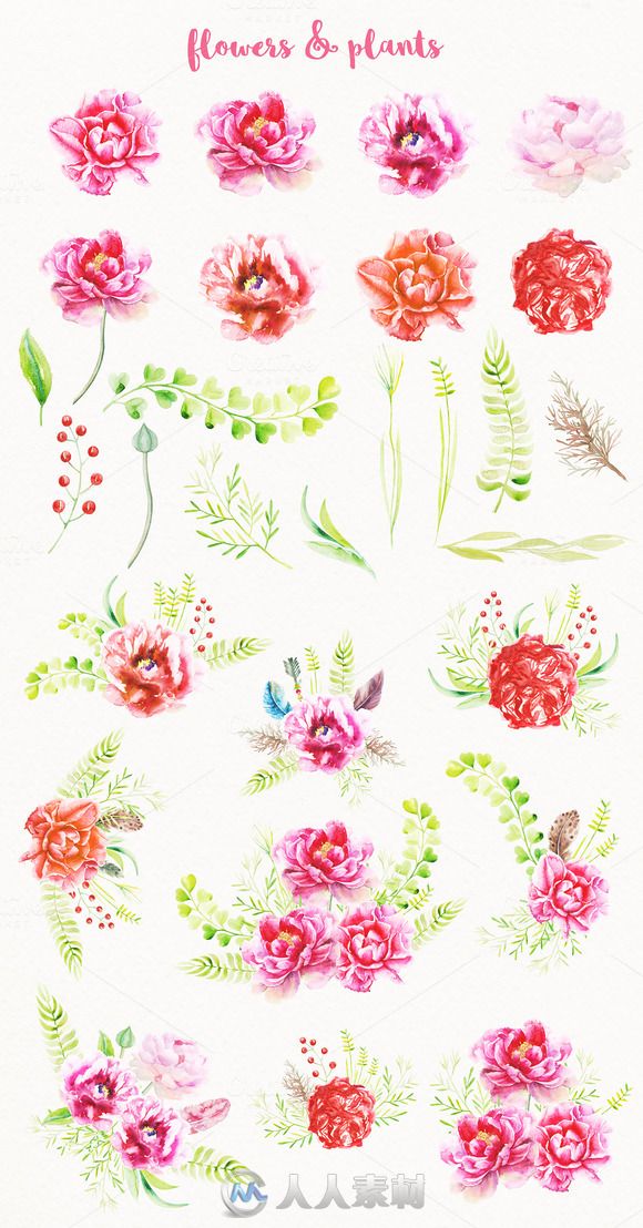 波西米亚系列水彩花和图案平面素材合辑Watercolor Boho Set &amp; Patterns