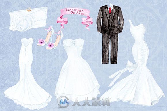 水彩风格婚礼用品平面素材Watercolor wedding dresses clipart
