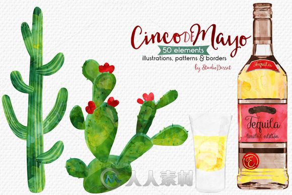 墨西哥五月五日节水彩装扮平面素材Cinco de Mayo