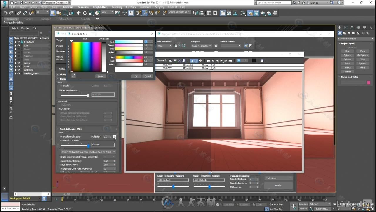 3dsMax色彩控制在渲染中的应用视频教程 Mental Ray Control Color Bleed in 3ds Max
