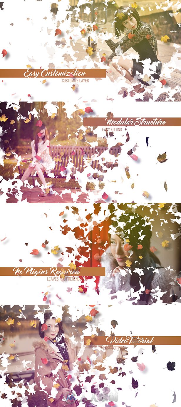 秋季梦幻枫叶飘散照片幻灯片相册动画AE模板 Videohive Autumn Slideshow 1 18000991