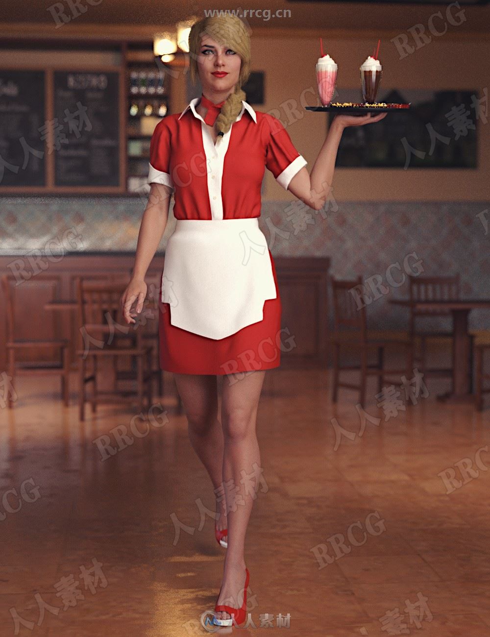 高档餐厅女性服务员工作制服套装3D模型合集