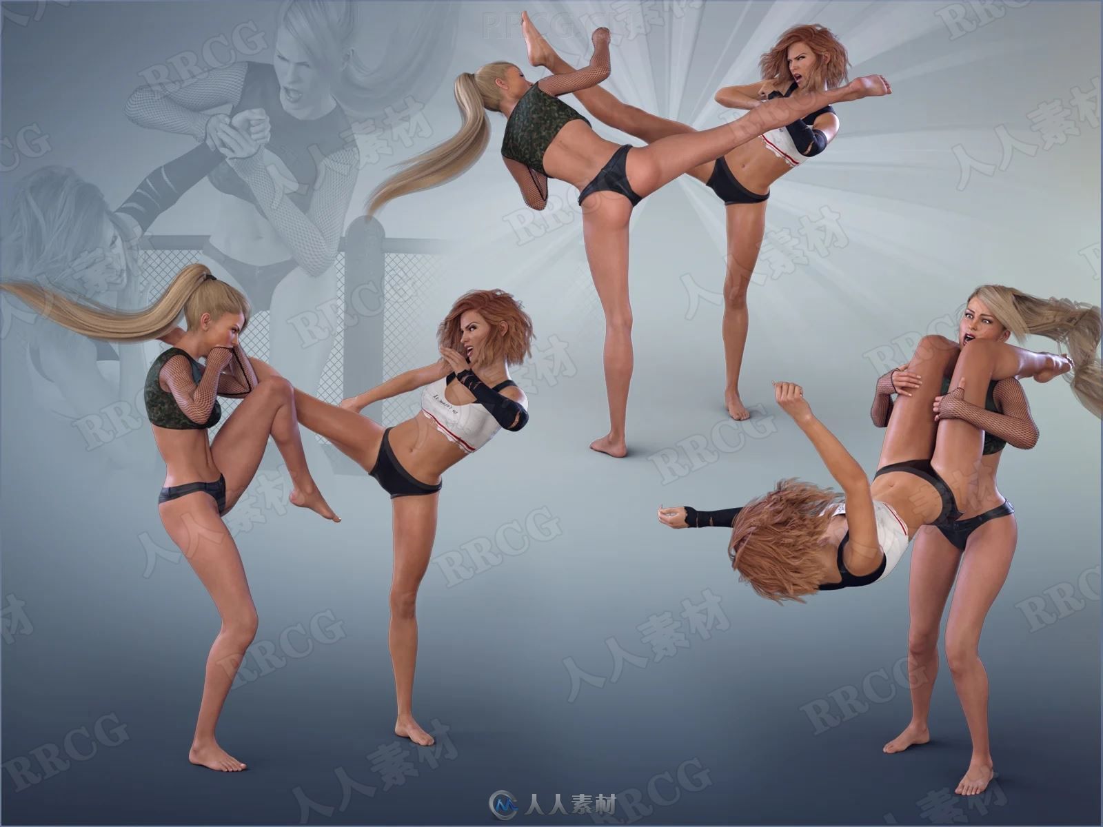 女子双人摔跤格斗比赛姿势3D模型合集