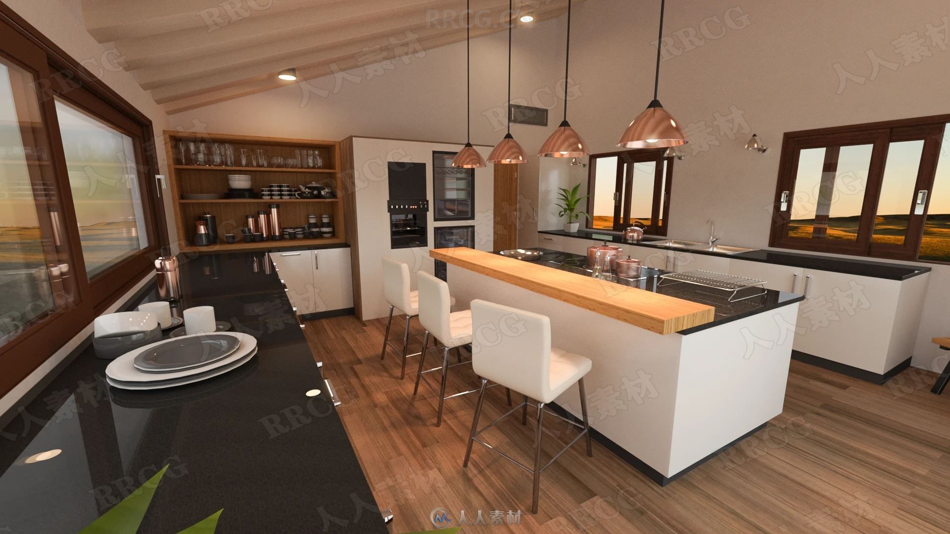 开放式豪华现代风格厨房室内设计3D模型合集