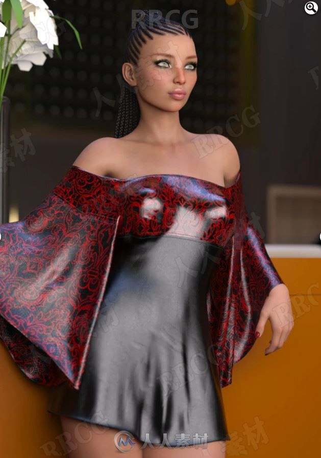 女性一字肩泡泡袖时髦个性连衣裙3D模型合集