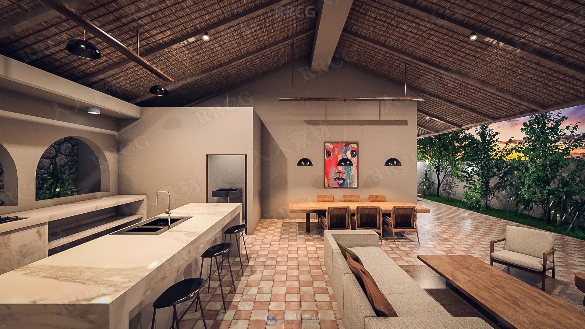 巴厘岛现代木质风格别墅室内场景道具3D模型合集