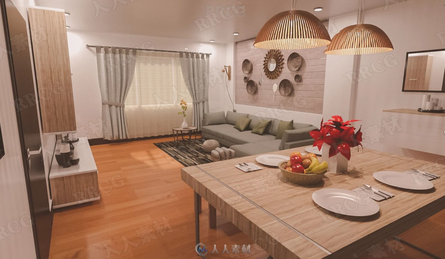 现代亚洲优雅风格起居用餐区客厅设计3D模型合集