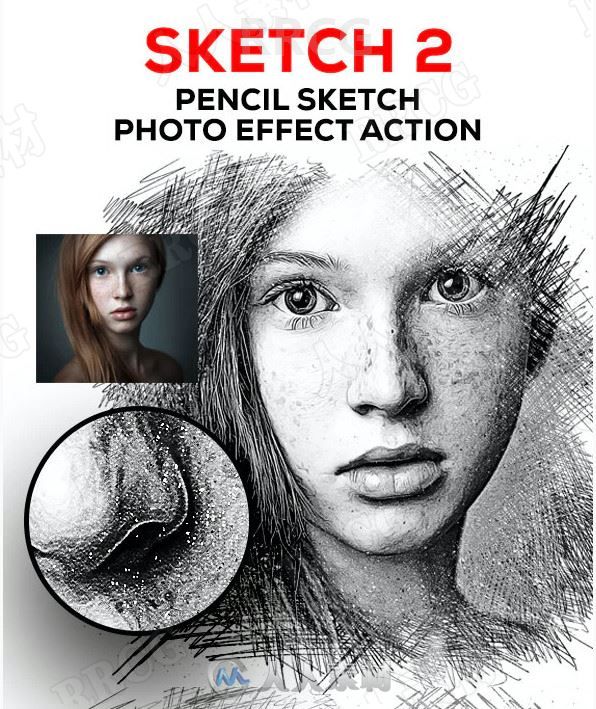 流畅线条写实铅笔素描人像艺术图像处理特效PS动作