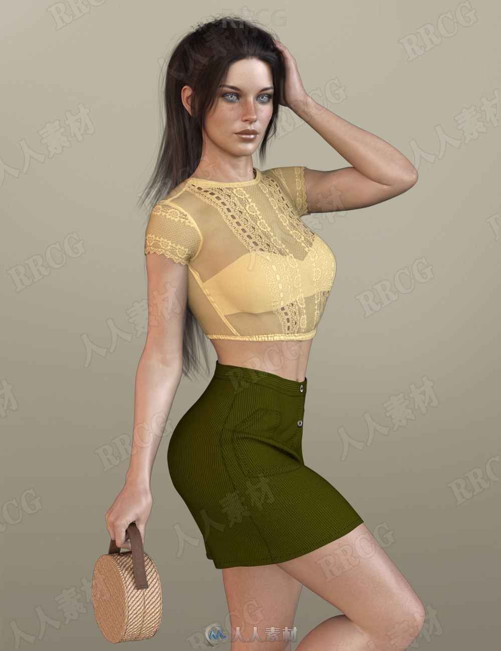 时尚精致休闲蕾丝露脐分体女性服饰套装3D模型合集