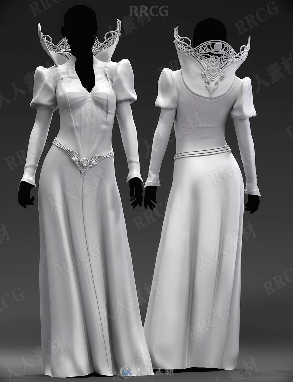 科幻精灵高领长裙礼服服饰套装3D模型合集