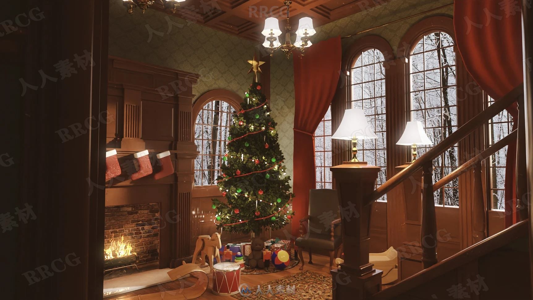 欧美复古风格别墅门厅圣诞节装饰布置室内设计