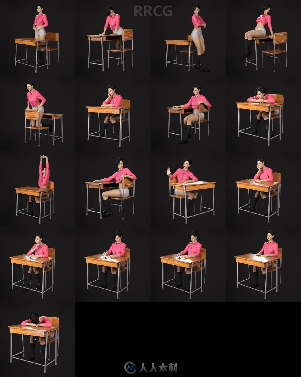 学校走廊教室室内道具模型日系校服女学生姿势3D模型合集
