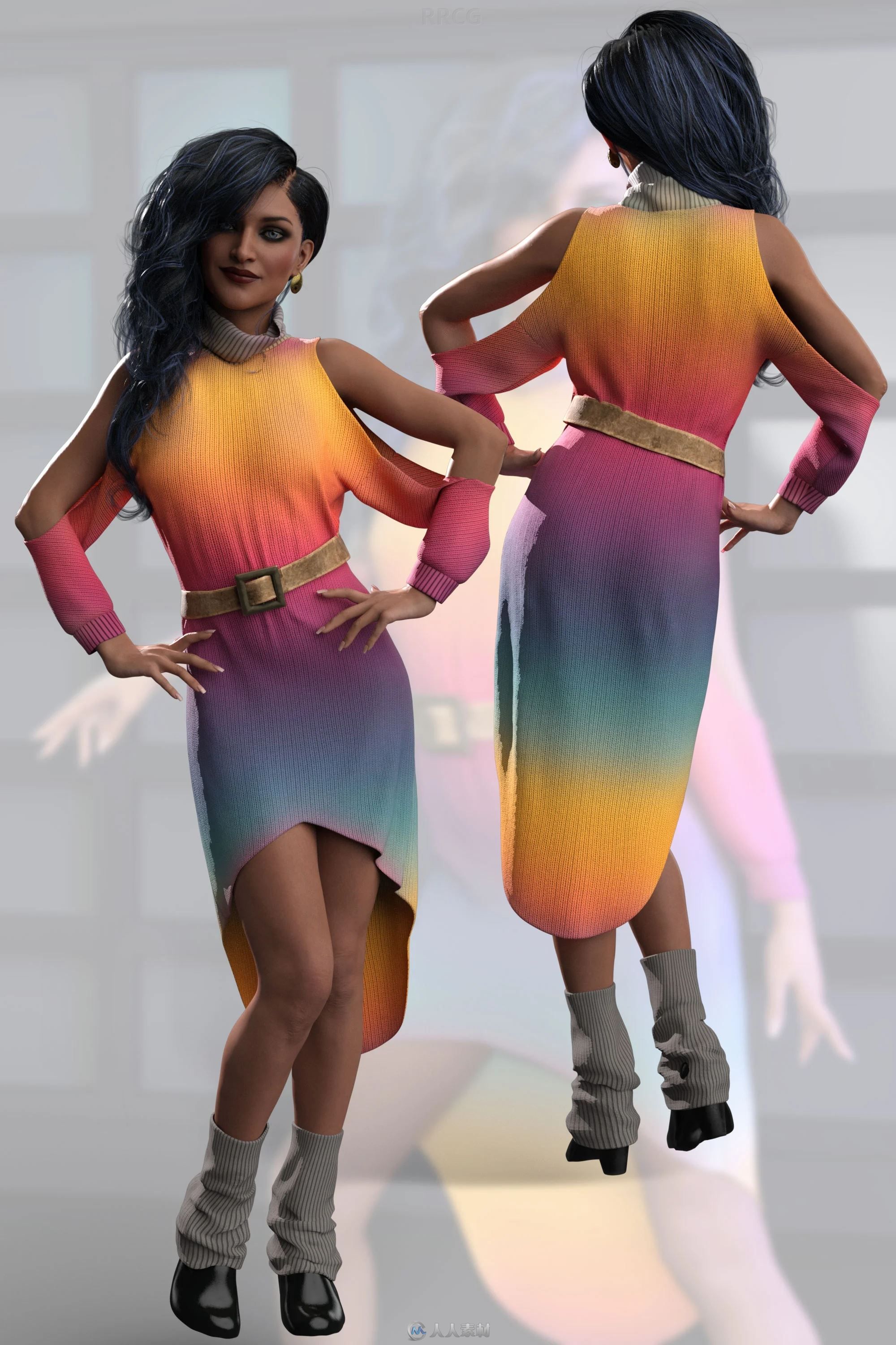 复古现代结合高领砍袖女性连衣裙服饰3D模型合集