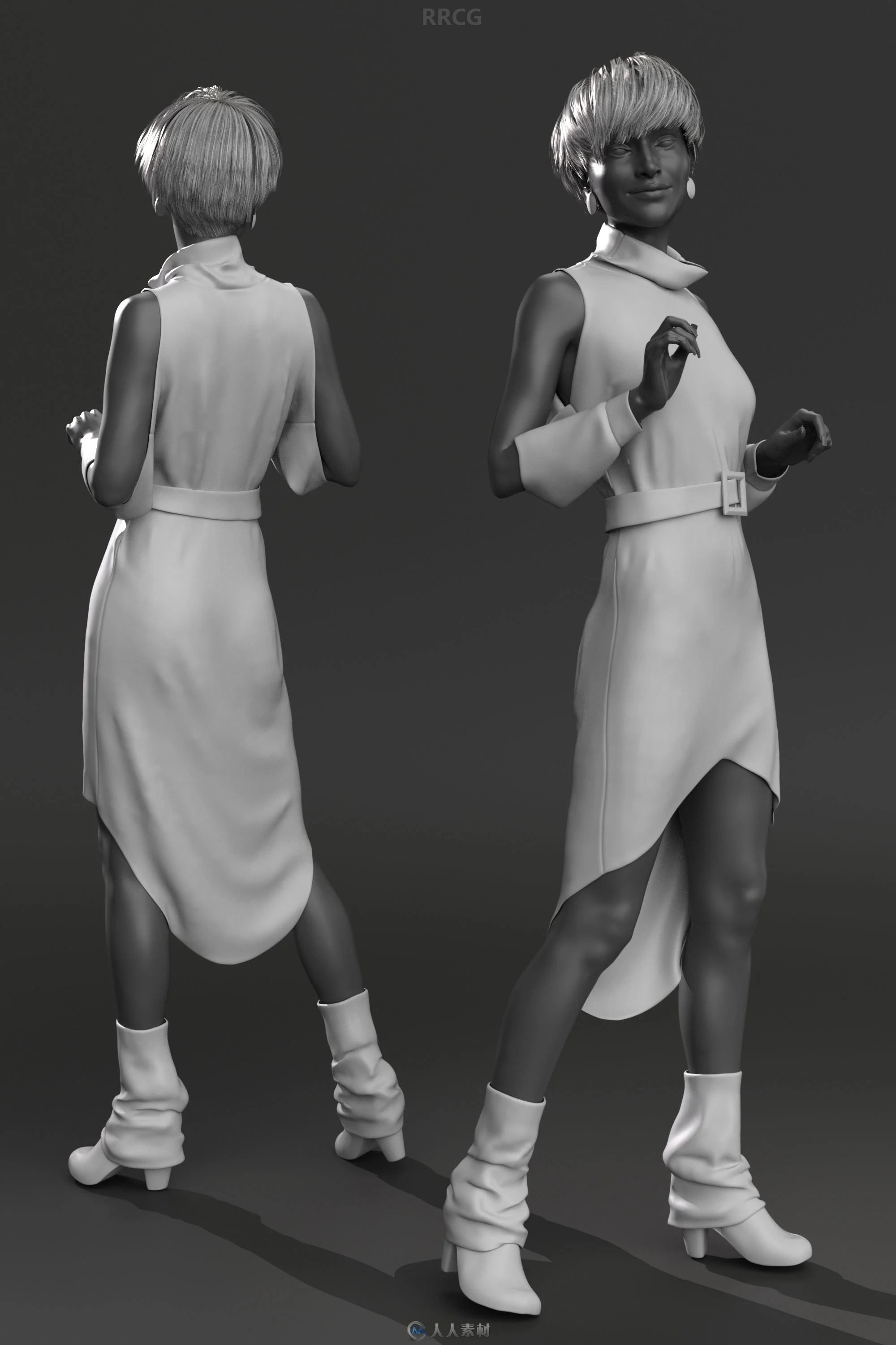 复古现代结合高领砍袖女性连衣裙服饰3D模型合集