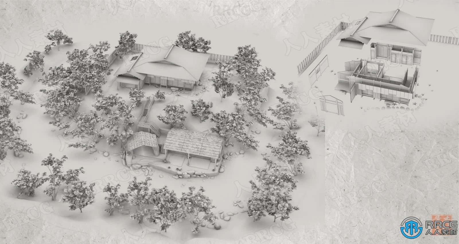 日本温泉度假村庄建筑场景3D模型合集