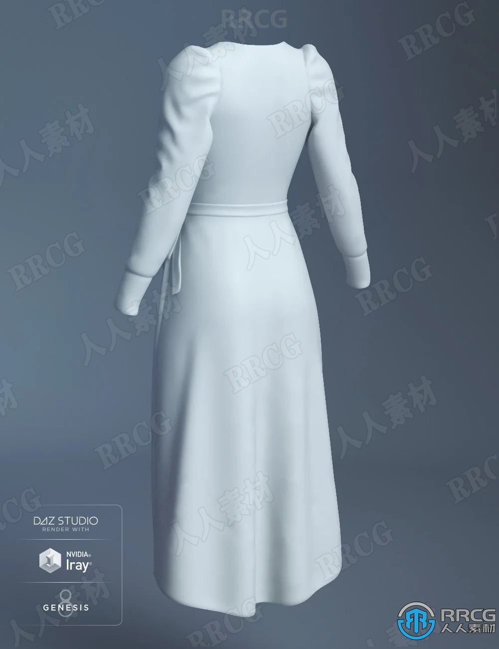女性V领碎花长袖裹身度假连衣裙服饰3D模型合集