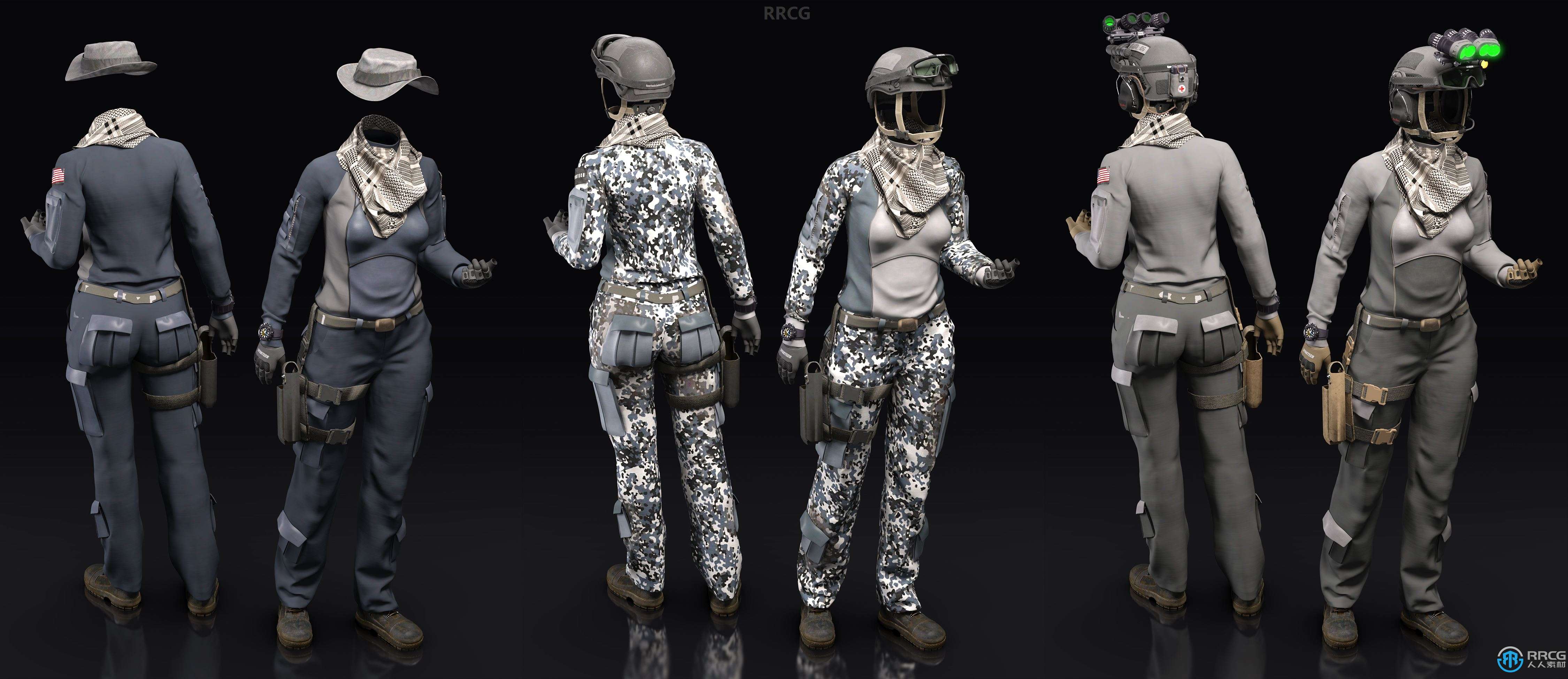 现代军事部队女性战斗装备服饰套装3D模型合集