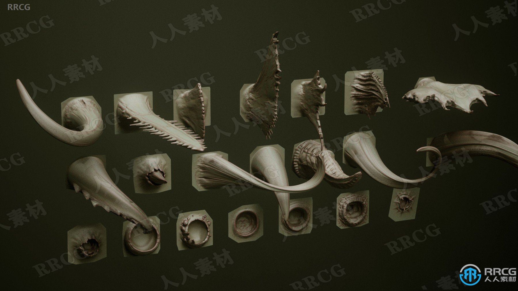 60组概念生物犄角鹿角Zbrush IMM VDM雕刻3D模型合集