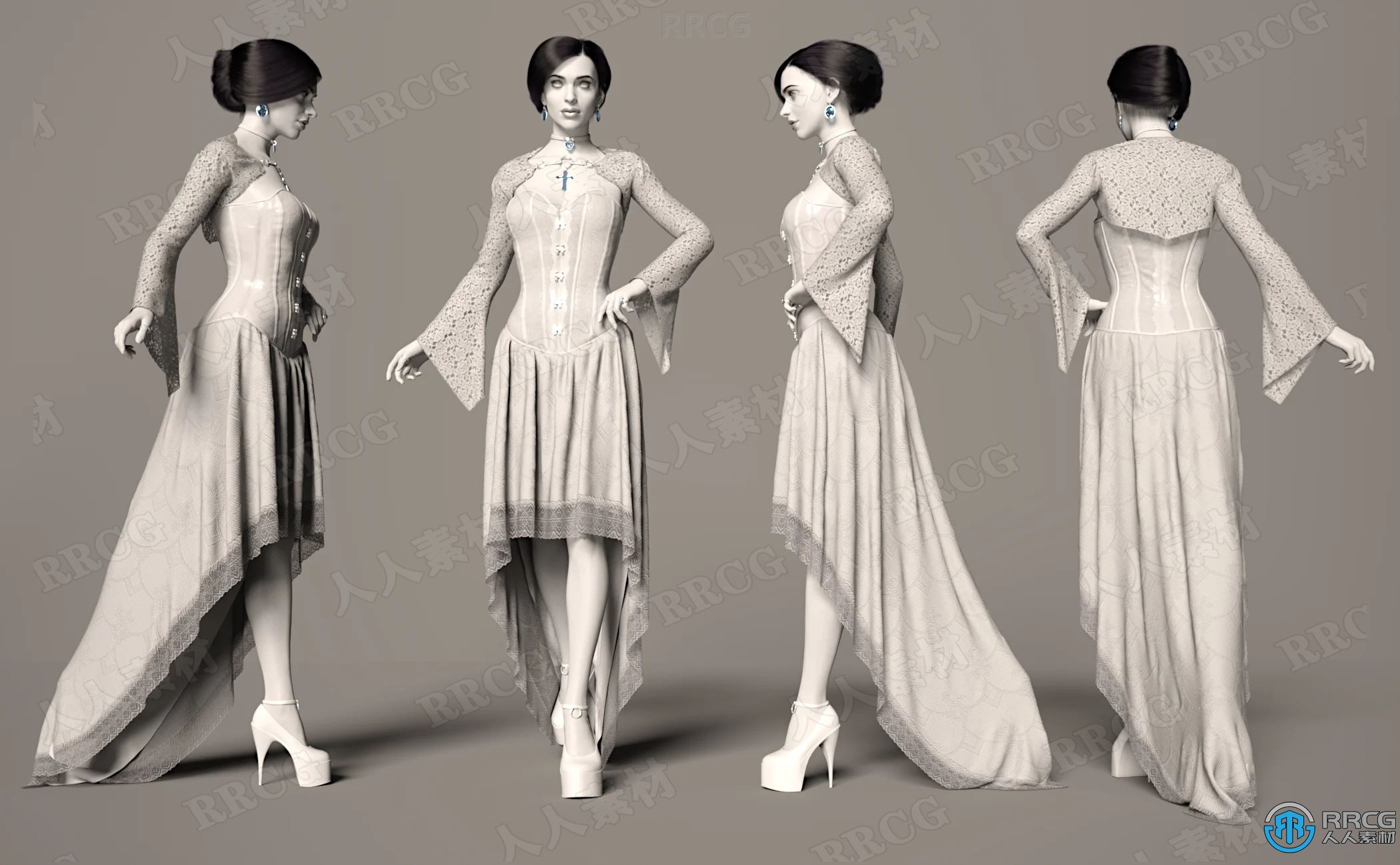 长摆尾不同颜色高端蕾丝女性服饰套装3D模型合集