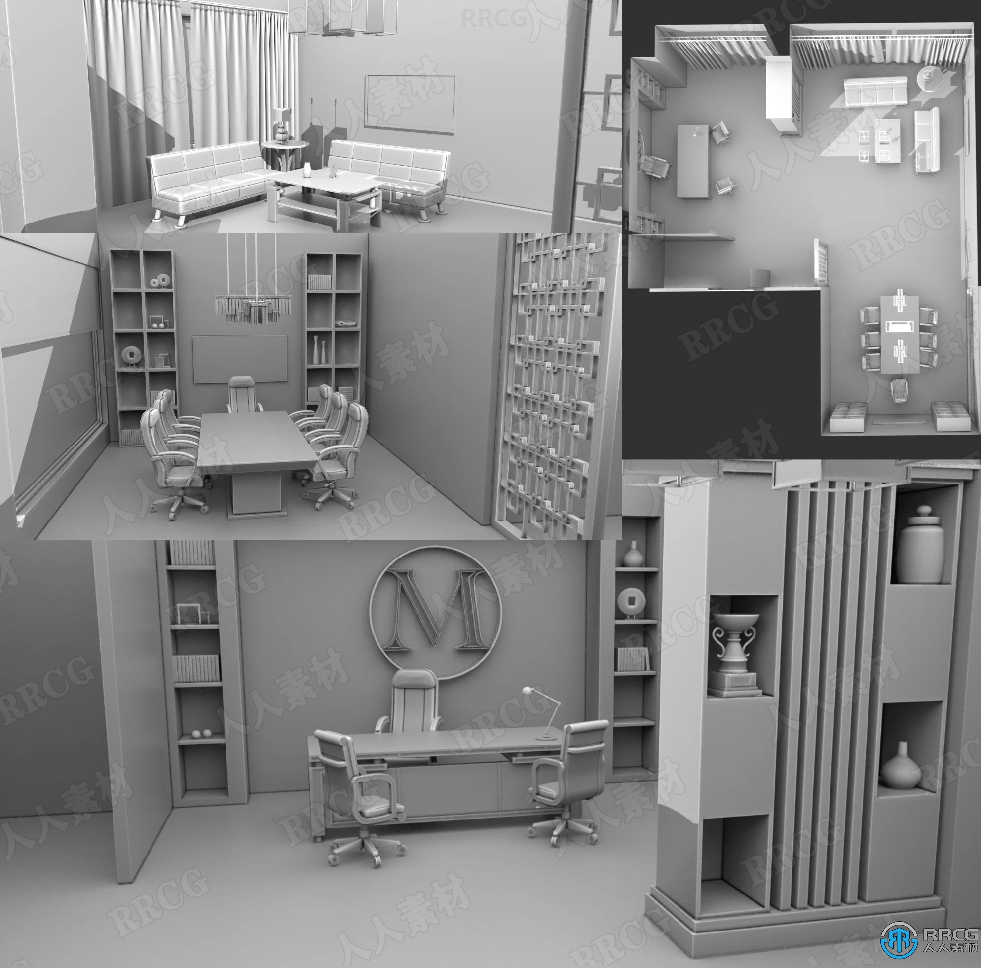 高端商务会所办公环境道具室内场景3D模型合集