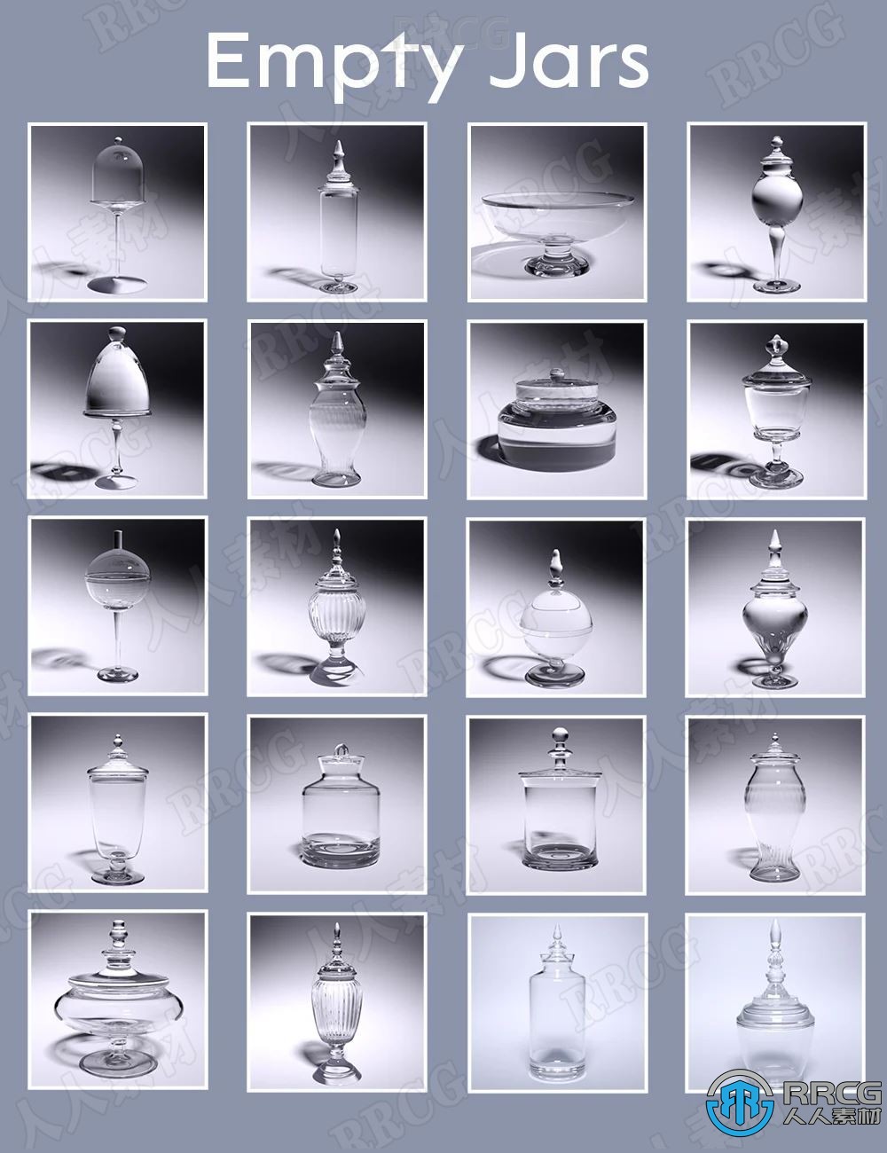 20种不同形状空玻璃罐静物陈设3D模型合集