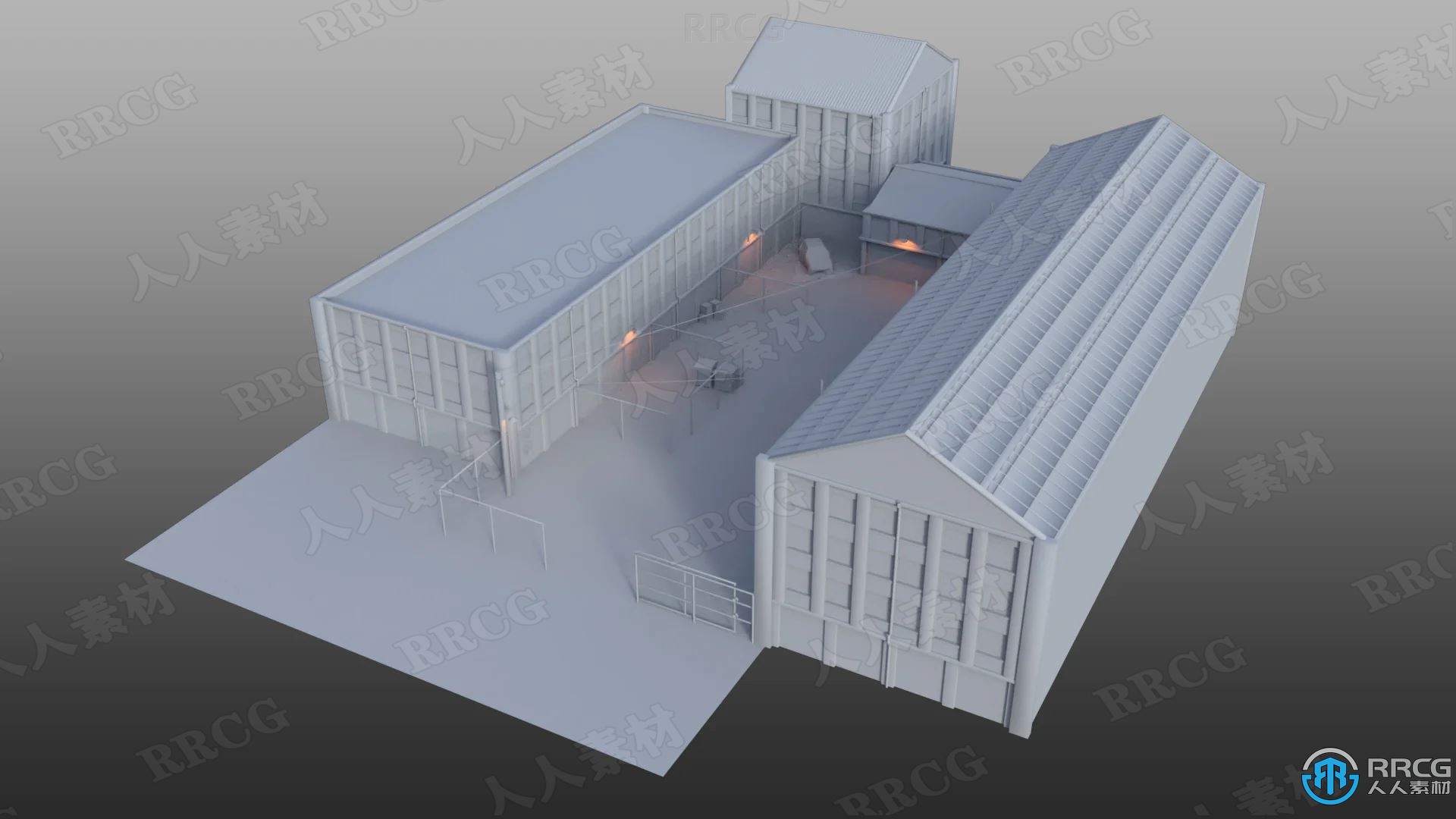 傍晚仓库工厂外部院子环境场景3D模型合集