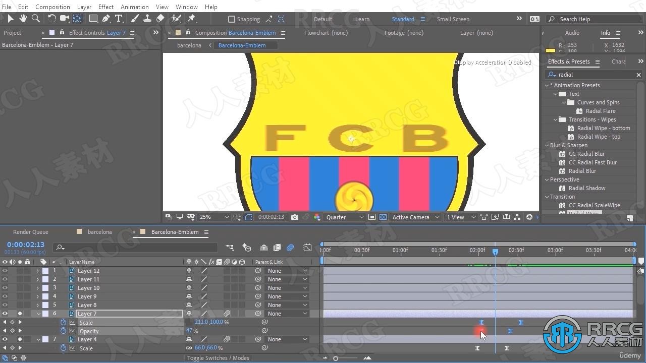 AE巴塞罗那对阵皇家马德里标志动画设计后期处理效果视频教程