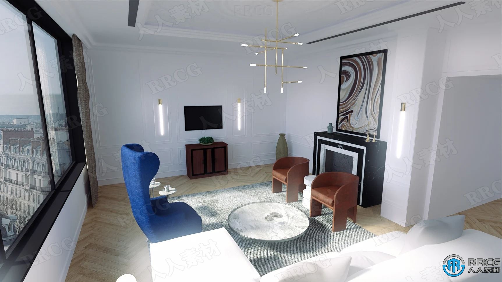巴黎浪漫风格优雅豪华客厅室内设计3D模型合集