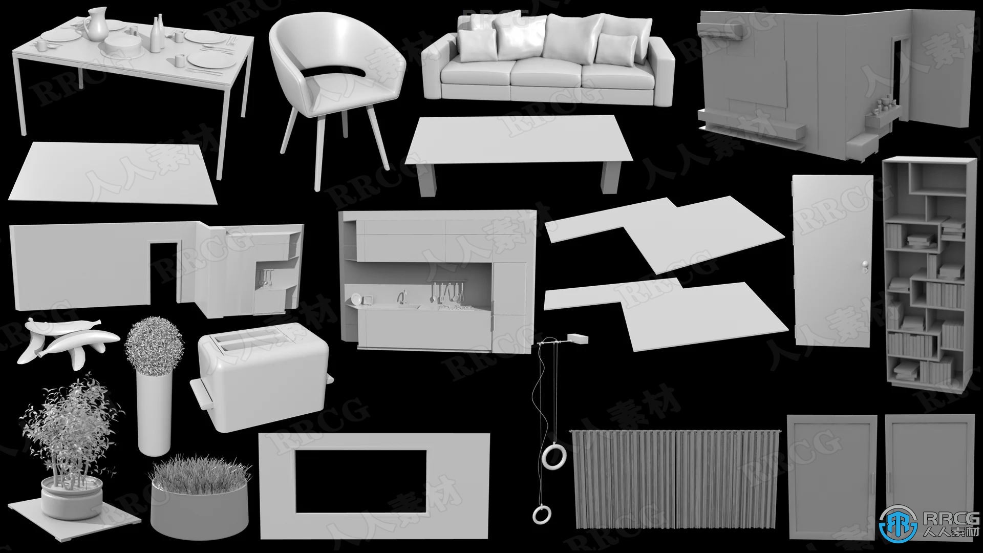时尚干净现代敞开式客厅空间室内设计3D模型合集