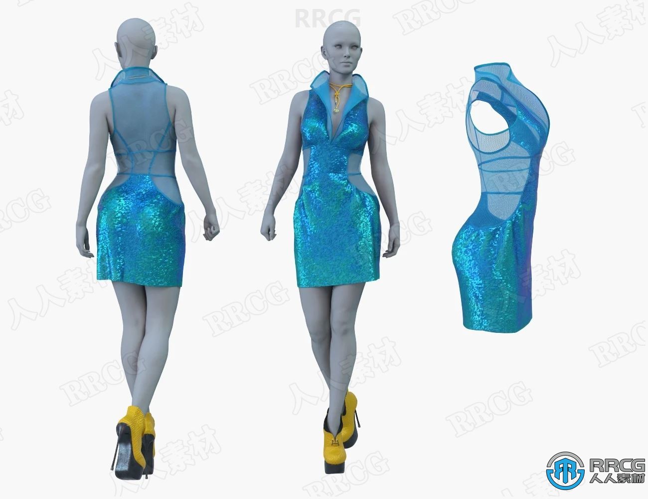 女性砍袖立领酷炫连衣裙服饰套装3D模型合集
