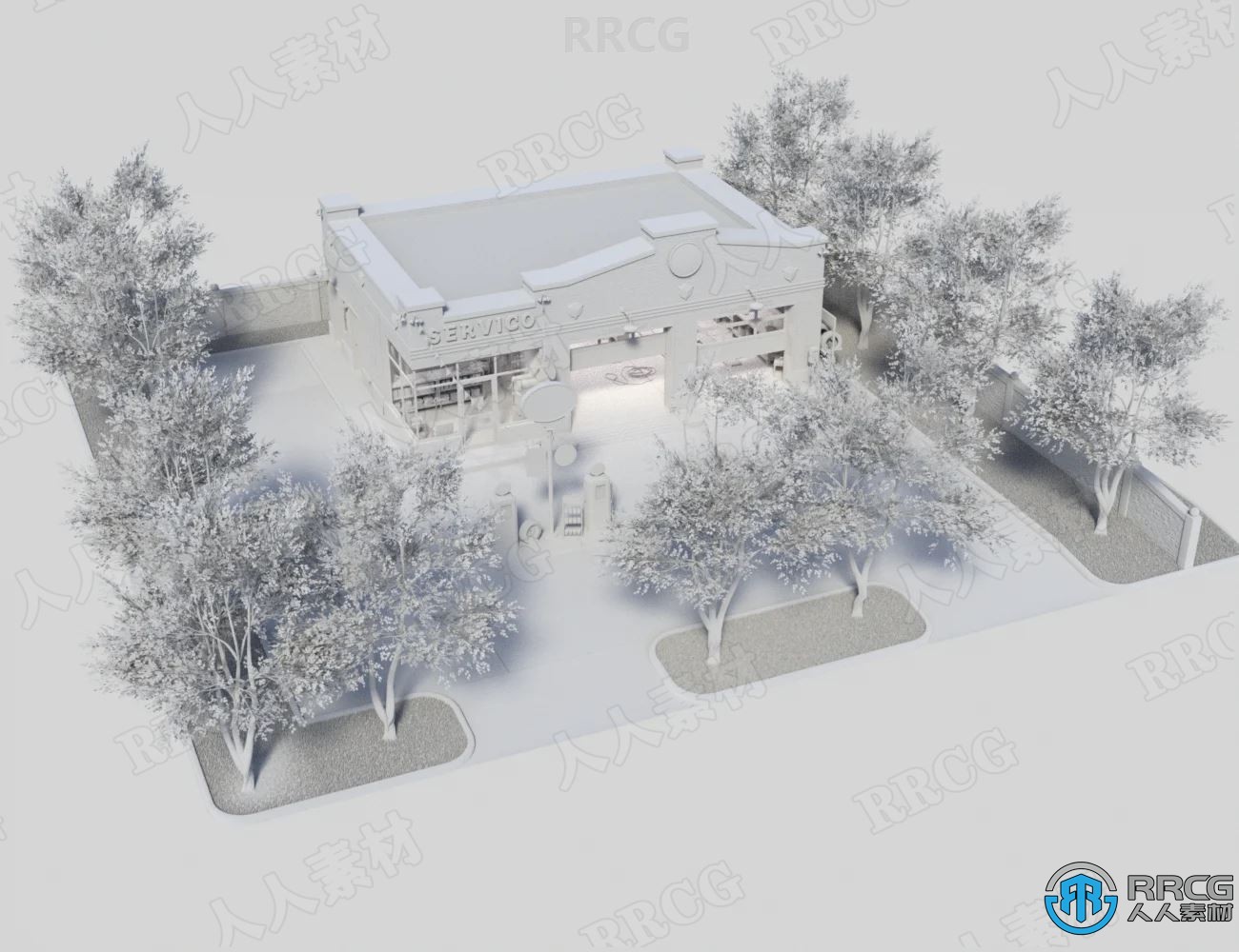 经典复古老式社区加油站环境场景3D模型合集