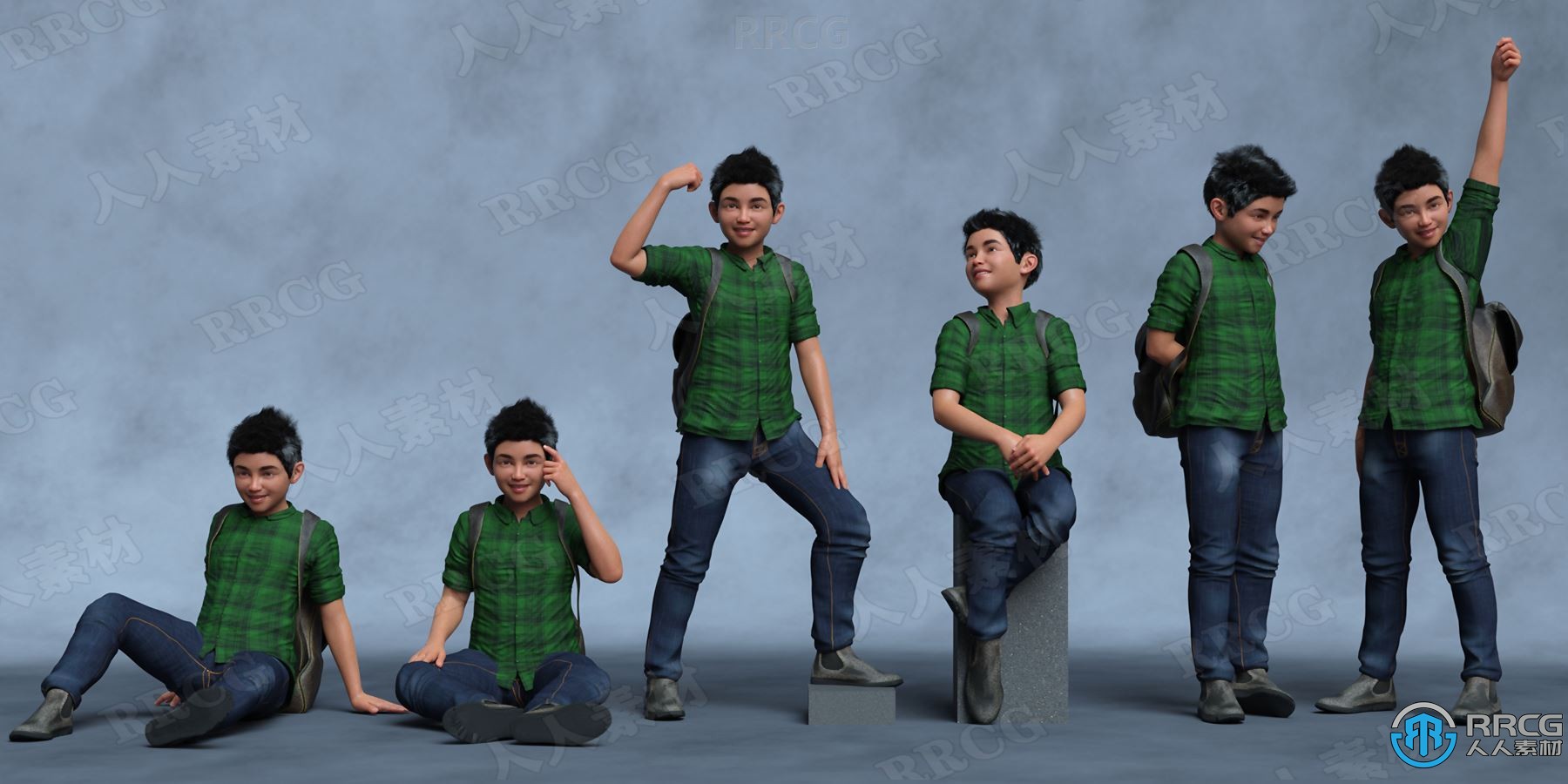 阳光帅气青少年男孩角色日常姿势3D模型合集