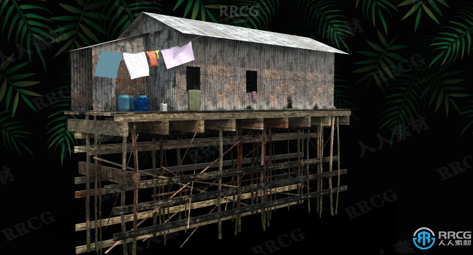 湄公河自然村庄木质高跷房屋环境场景3D模型合集