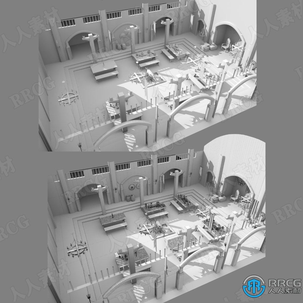 维京历史建筑阴森大厅室内场景3D模型合集