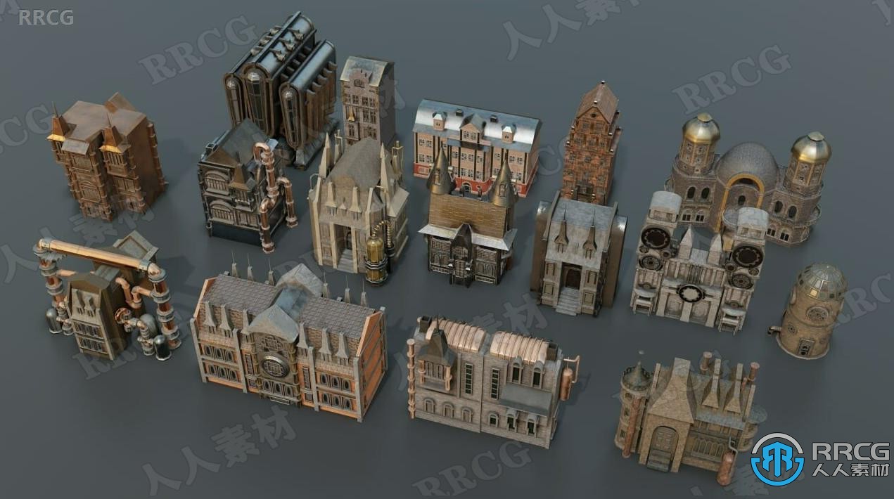 蒸汽朋克概念游戏建筑风格场景3D模型合集