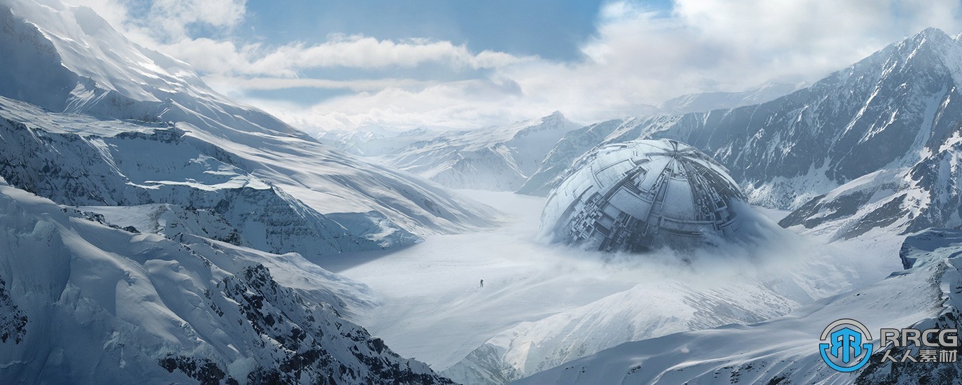 極地雪山墜落飛行器概念藝術數字繪畫PSD源文件