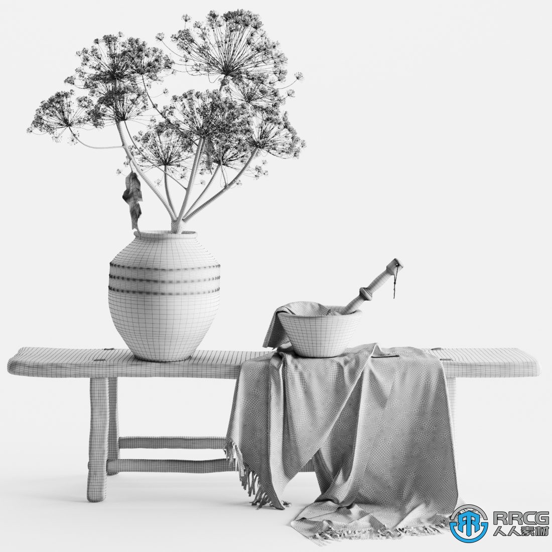乡村风格装饰品套装长凳花瓶粘土器皿布艺等3D模型