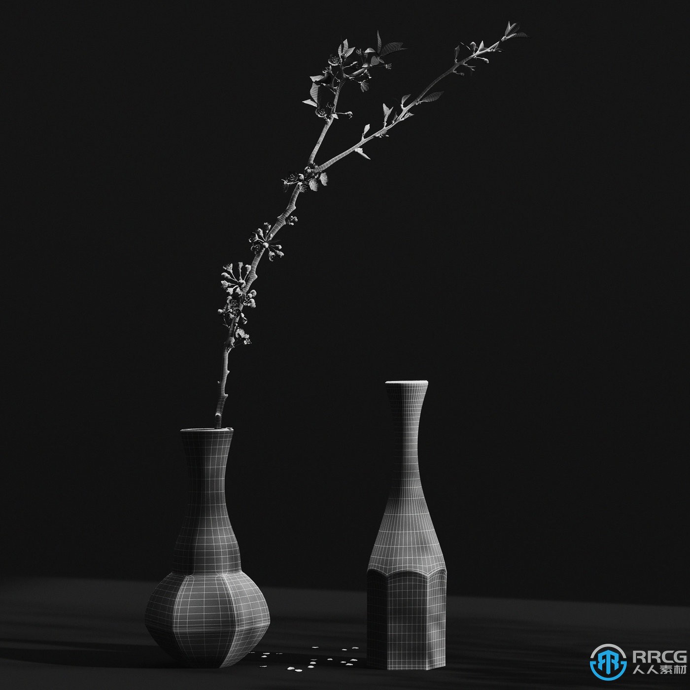 精美樱花枝植物铝制金属花瓶3D模型