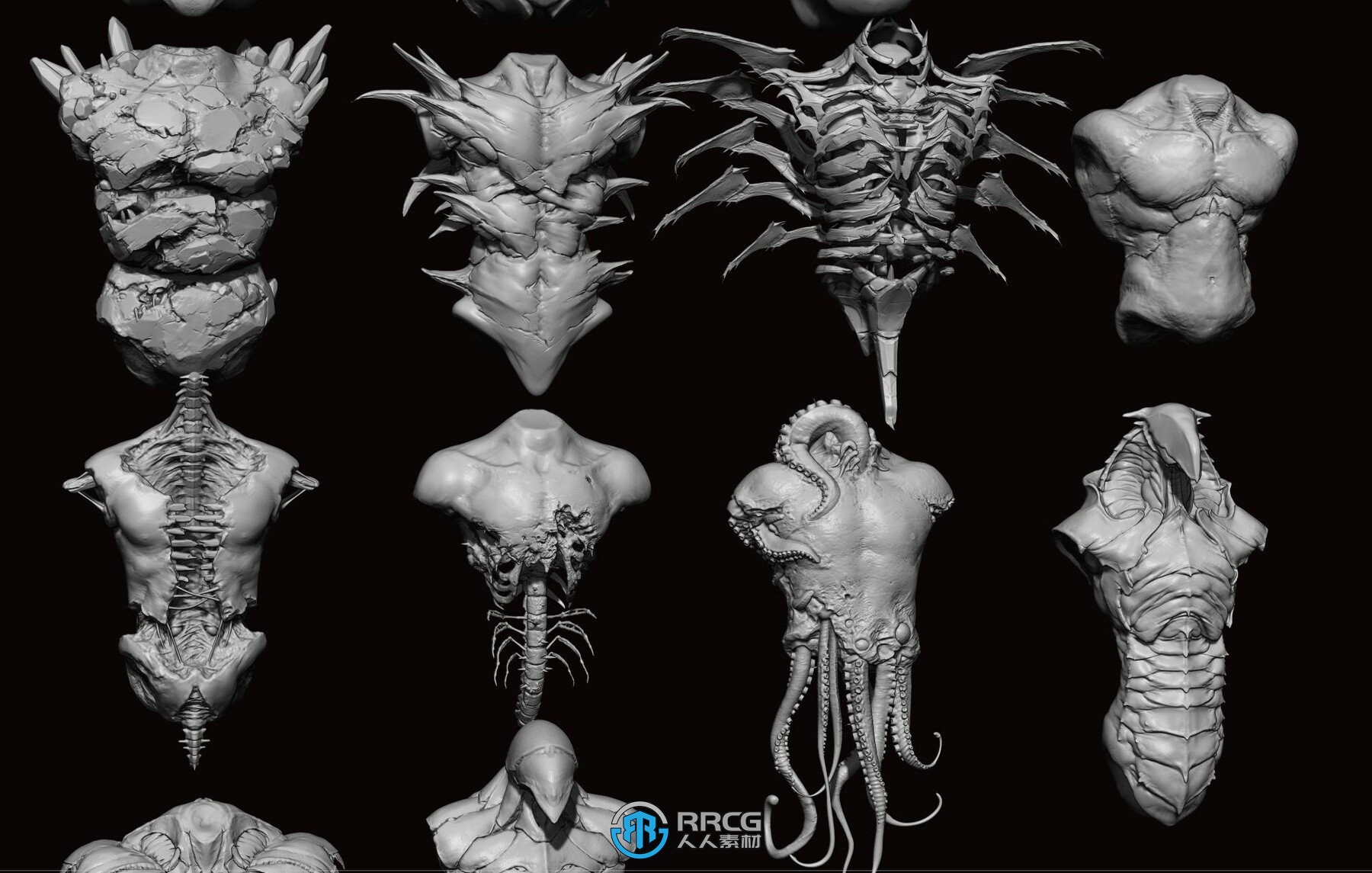 33组怪物怪兽僵尸生物人体躯干Zbursh IMM笔刷和3D模型合集 附使用教程