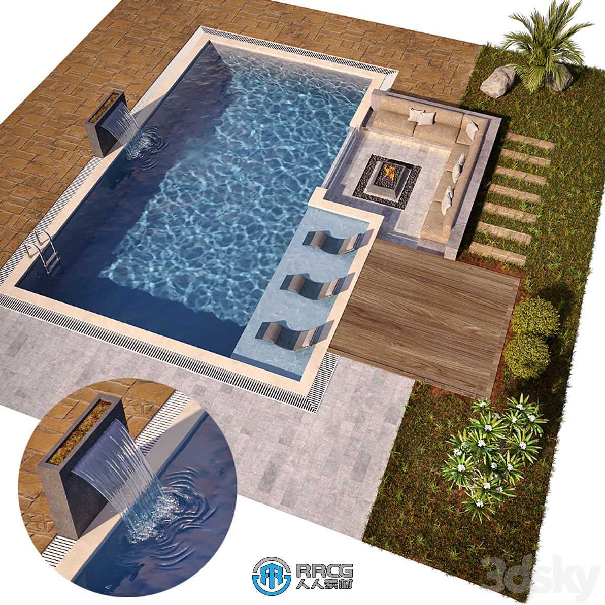 超精细豪华泳池建筑设计3D模型
