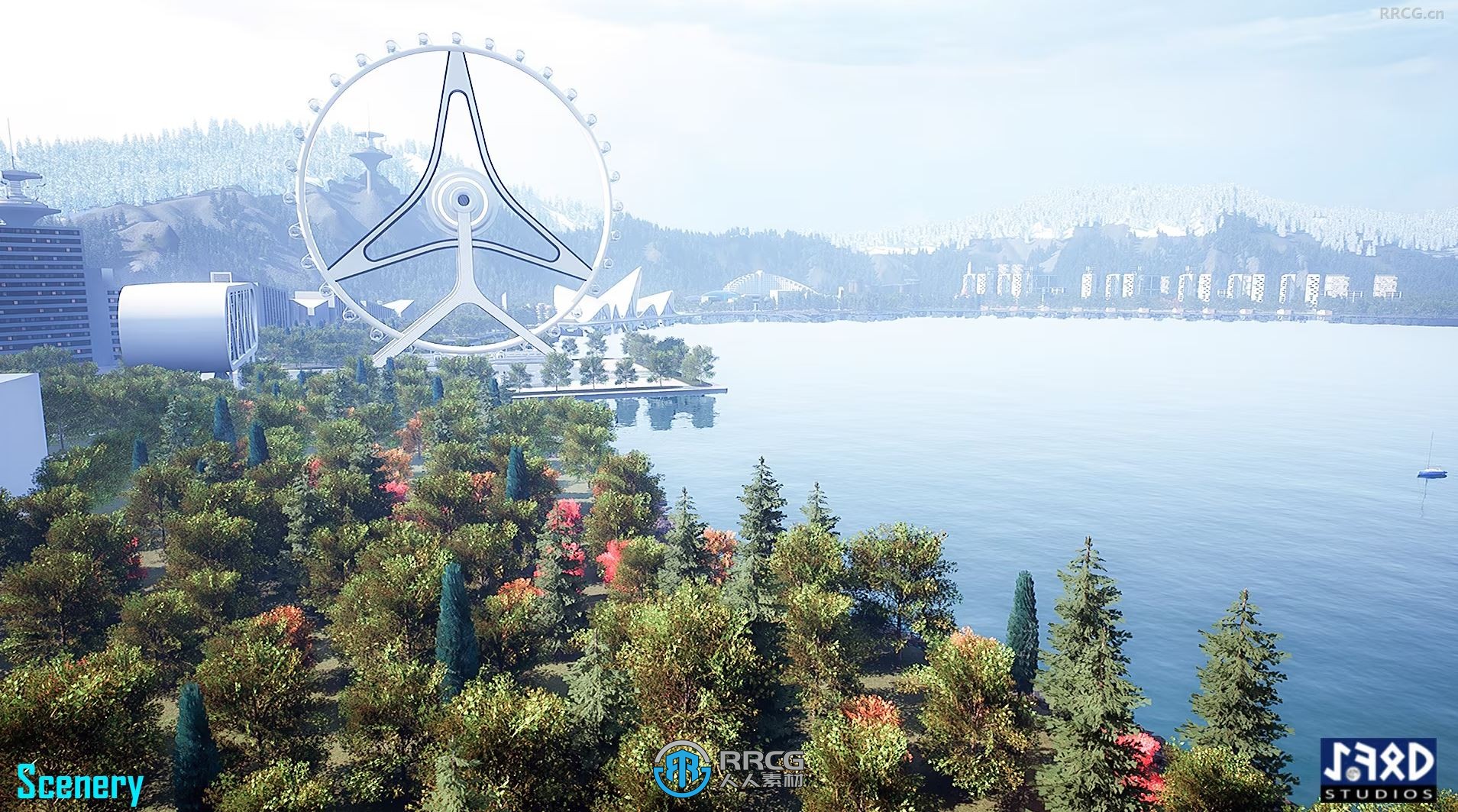 未来派湖泊现代城市环境场景UE游戏素材