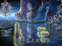 唯美月色3D视觉效果月亮湖水水上植物led大屏幕背景视频素材