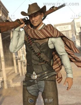 完整帅气的男性西部牛仔服装武器3D模型合辑