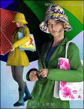 四月雨天女性服装包和雨伞3D模型合辑